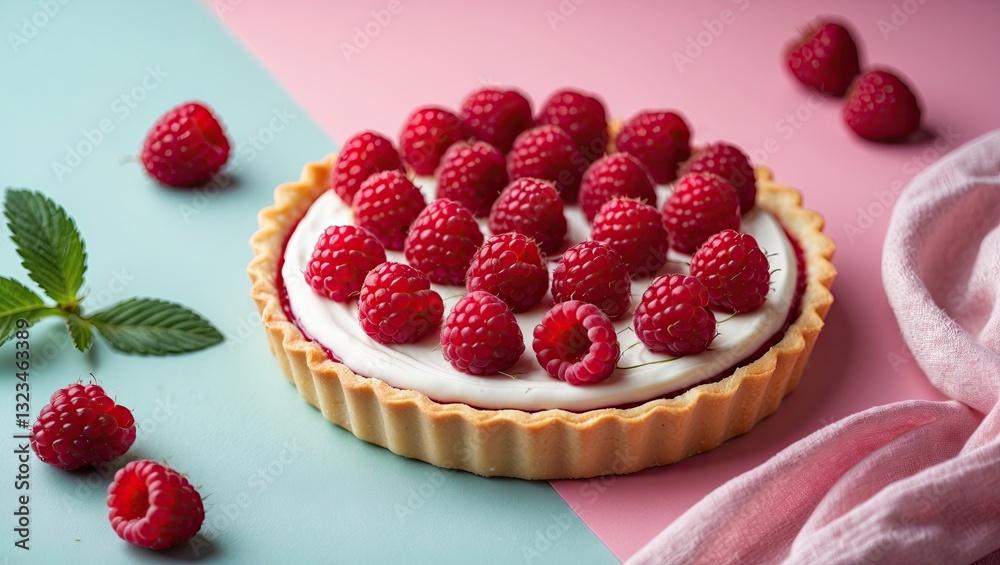 Raspberry tart adorned with fresh raspberries sits on a two-tone pastel background of mint green and soft pink with a subtle cloth accent. Raspberry tart adorned with fresh raspberries sits on a two-tone pastel background of mint green and soft pink with a subtle cloth accent.