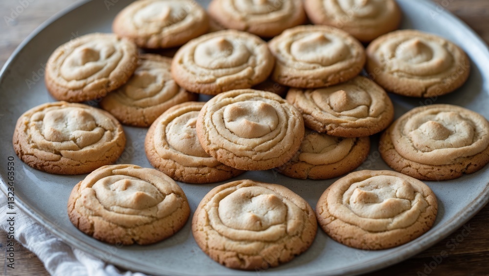 Delicious golden brown cookies on a round light gray plate with a rustic wooden background, creating a warm and inviting atmosphere. Delicious golden brown cookies on a round light gray plate with a rustic wooden background, creating a warm and inviting atmosphere.