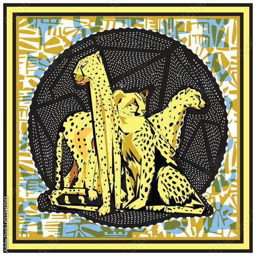 Abstract illustration of two cheetahs in yellow tones, framed by a geometric pattern with vibrant colors and intricate designs.