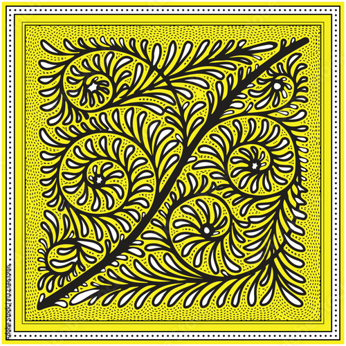 Black intricate hand drawn dot and line texture, fern patterns on a bright yellow background, featuring swirls and leaves, framed with a dotted border.