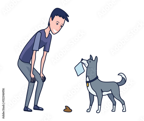 Cleaning after dog. Pet owner picking up pet waste during walk in public park. Animal responsibility of trash clean rules concept. Linear vector illustration