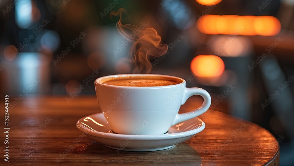 Espresso coffee in a white cup with steam on a wooden table illuminated by warm orange light creating a cozy atmosphere.