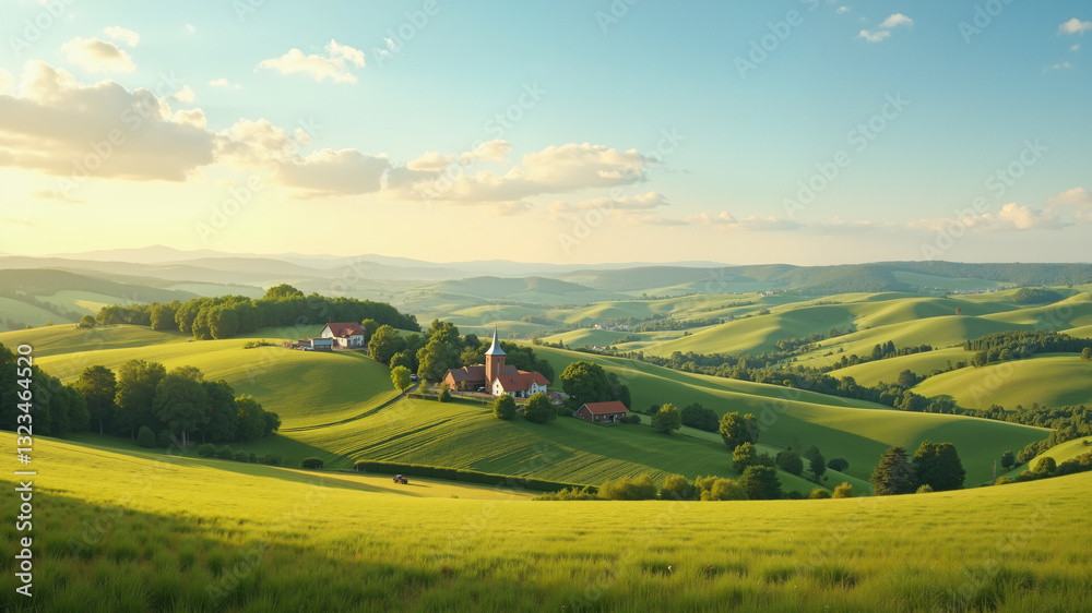 Obraz premium Picturesque rural landscape with rolling hills and farmhouses.