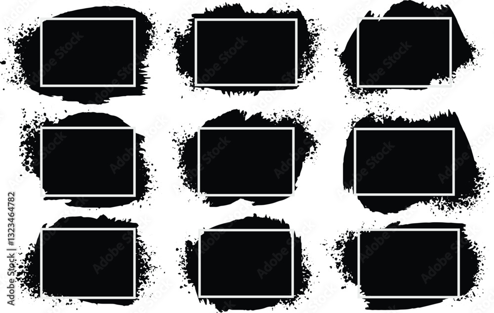 Grunge backgrounds set. Brush black paint ink stroke over square frame. Vector illustration Grunge backgrounds set. Brush black paint ink stroke over square frame. Vector illustration