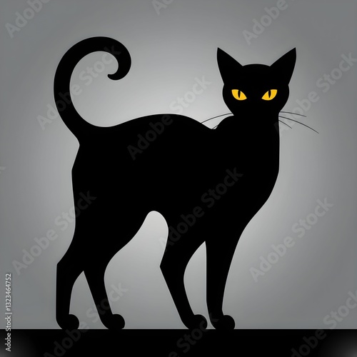 Elegant Black Cat Silhouette with Curled Tail and Yellow Eyes