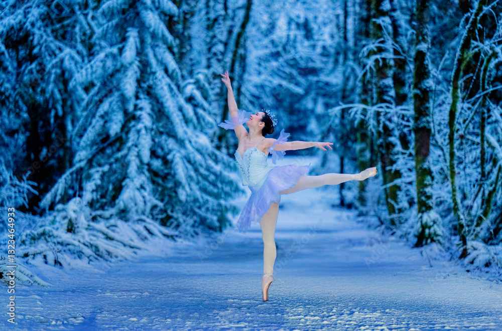 Ballerina dances gracefully on a snowy forest path surrounded by frosty trees. WA, USA Ballerina dances gracefully on a snowy forest path surrounded by frosty trees. WA, USA