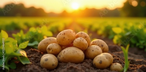 Golden sunlight falls on freshly harvested potatoes in a field, sunshine, field, agriculture