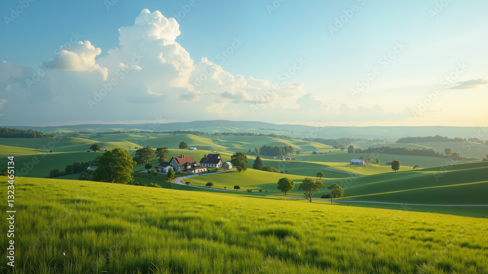 Picturesque rural landscape with rolling hills and farmhouses. Picturesque rural landscape with rolling hills and farmhouses.