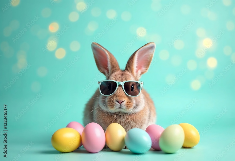 Fototapeta premium Colorful Easter bunny with eggs and basket on grass