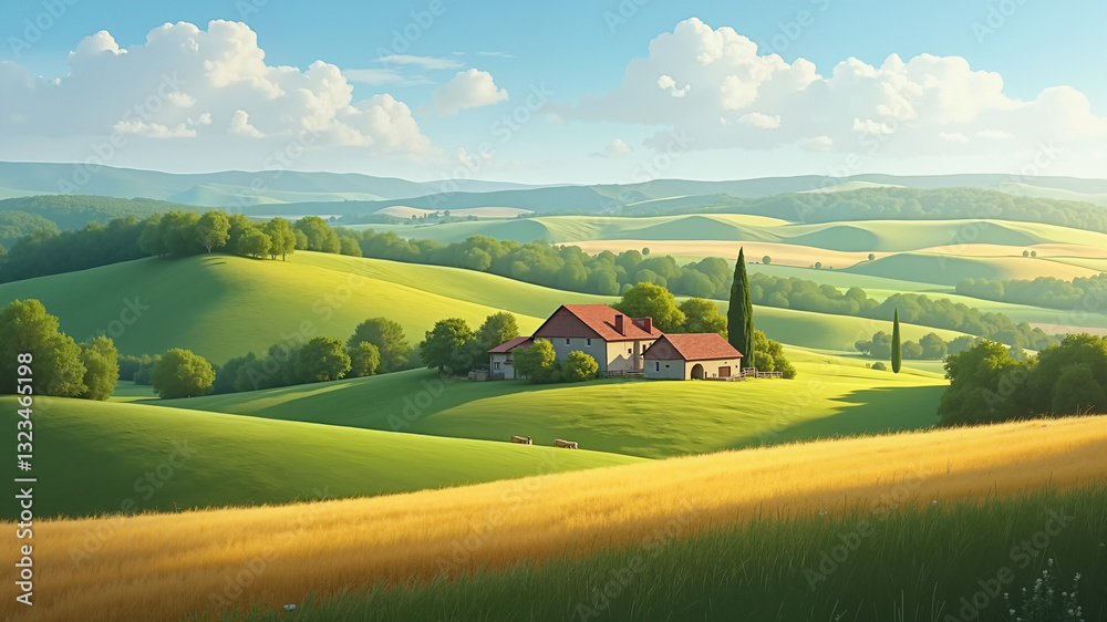 Fototapeta premium Picturesque rural landscape with rolling hills and farmhouses.