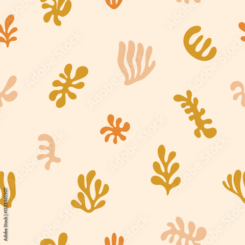 Boho Organic Summer Pattern. Abstract Beach Hand Drawn Background. Boho Sun And Palm Print. Vector Illustration Cutout Naive Style. Ocean Coral And Sun Seamless Pattern. Modern Groovy Textile Bg.