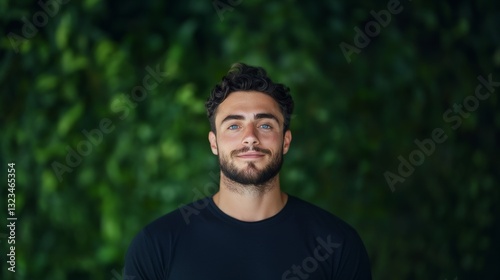 Portrait of Happy Young Adult Man with Blue Eyes and Beard. Smiling on Green Nature Background.
