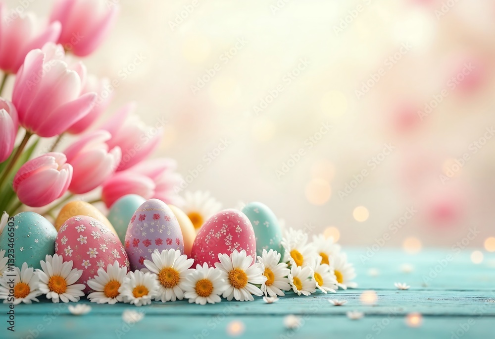 Obraz premium Easter Eggs and Tulips with Spring Flowers in Bloom