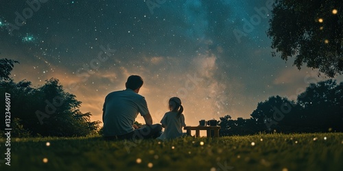 A father and daughter enjoying an evening of stargazing in their backyard