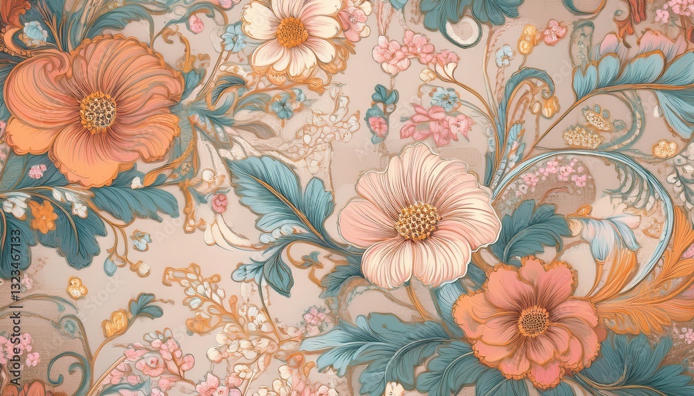 custom made wallpaper toronto digitalRomantic Victorian-inspired floral lace pattern with soft pastel hues, creating an elegant and vintage aesthetic. Perfect for delicate, vintage, and feminine designs.
