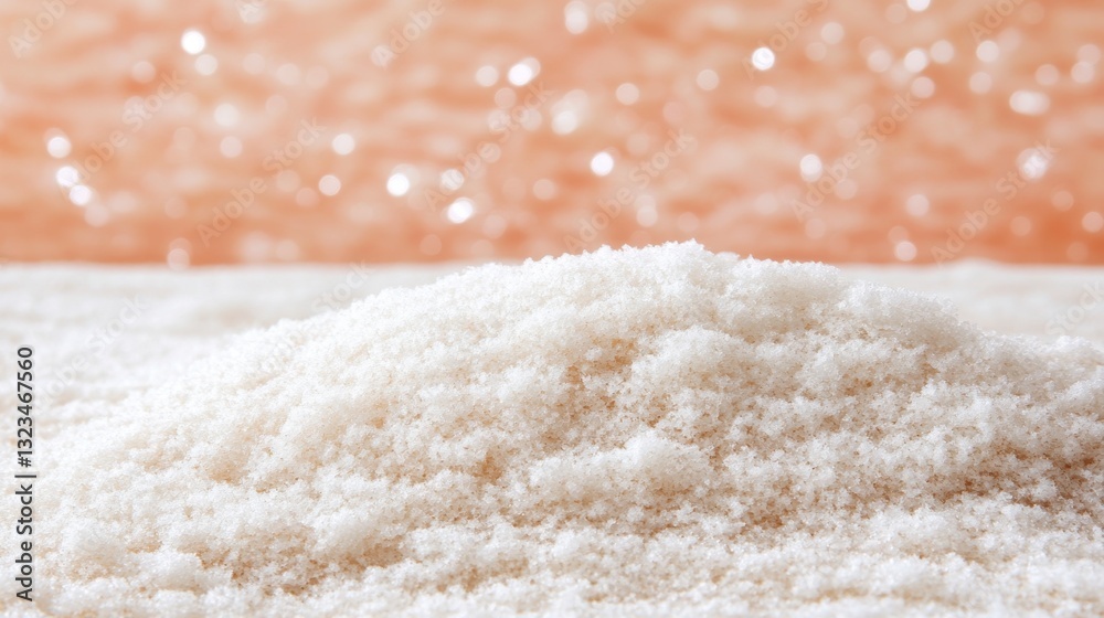 White snow pile on peach bokeh background. Close up view of textured snowdrift against soft, blurred backdrop. Winter, holiday, festive. White snow pile on peach bokeh background. Close up view of textured snowdrift against soft, blurred backdrop. Winter, holiday, festive.