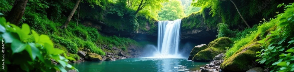 Fototapeta premium Lush greenery surrounding the base of a waterfall, waterfall, nature