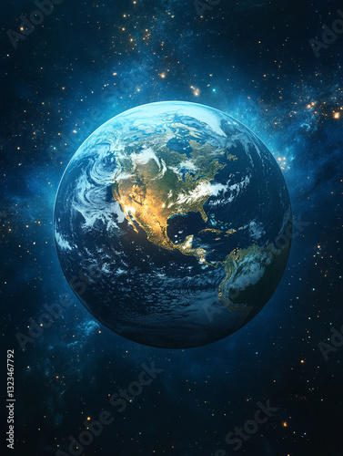 Earth illuminated by cosmic light in deep space