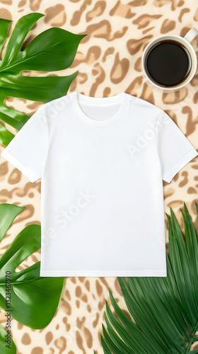 Blank white tee on a leopard print background with tropical leaves