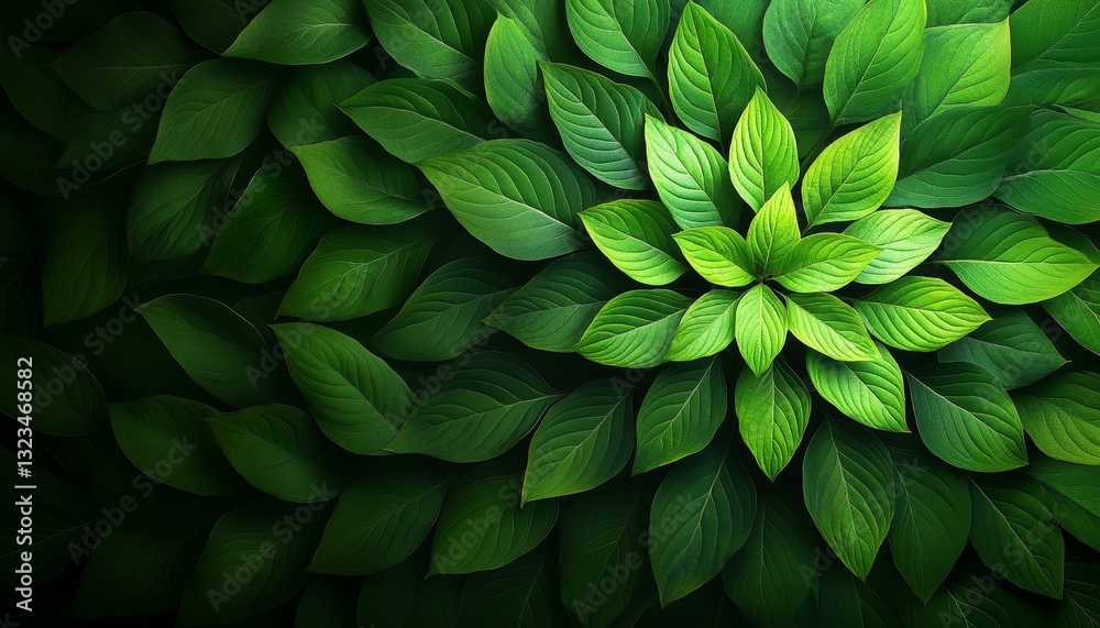 Fototapeta premium Green Leaves Spiral Pattern, Nature Design Background With Lush Foliage, Abstract Plant Texture