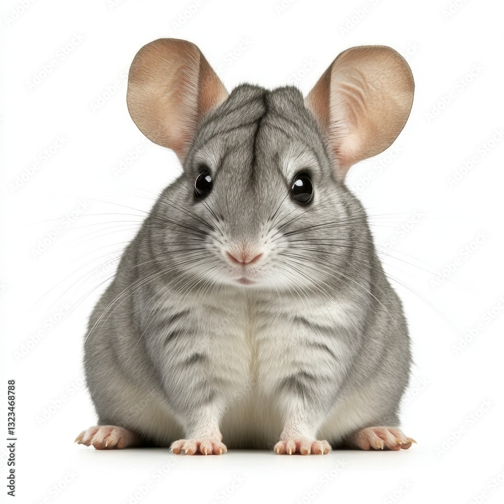 Obraz premium Close up of an adorable gray chinchilla against a white background. The chinchilla is sitting, facing the camera, showcasing its soft fur and large ears.