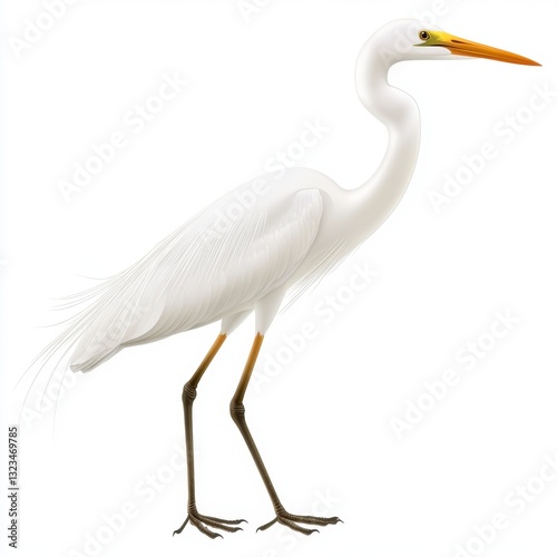 A detailed illustration of a great egret, a large white heron with a long yellow beak and black legs, standing against a white background.