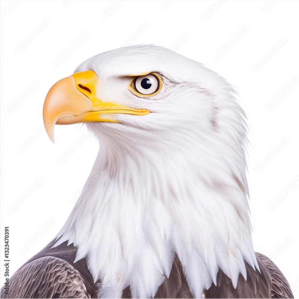 Fototapeta premium Close up profile view of a bald eagle against a white background. The eagle's head and neck are sharply in focus, showcasing its white head, yellow beak, and dark brown body feathers. 