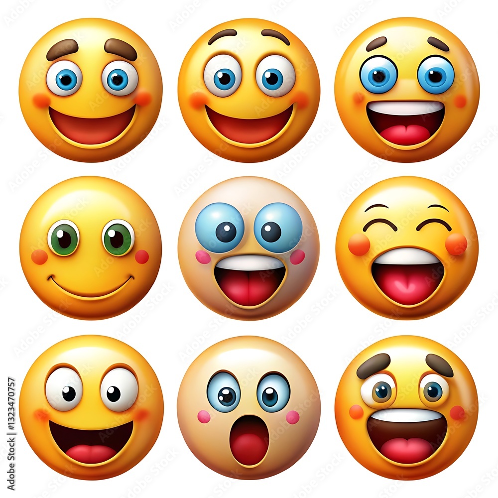 Row of nine smiling faces with different expressions Row of nine smiling faces with different expressions