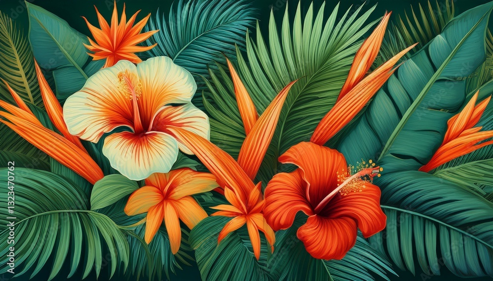 Naklejka premium Overlapping layers of hibiscus, bird of paradise, and palm leaves, creating a dense tropical design with vibrant colors and lush textures. 