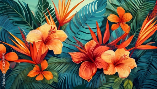 Wallpaper Mural Overlapping layers of hibiscus, bird of paradise, and palm leaves, creating a dense tropical design with vibrant colors and lush textures.
 Torontodigital.ca