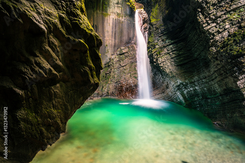 Immersion in the greenery. Kobarid natural waterfalls of Kozjak. Wonder of nature