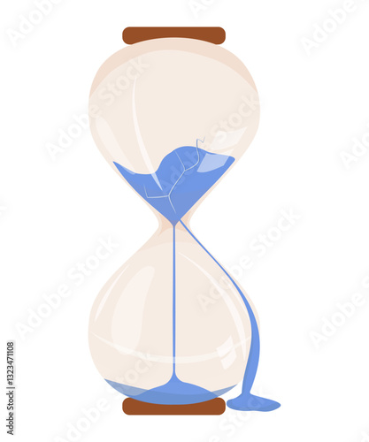 Broken glass hourglass. Sand spills outside the clear bulb. Cracked vessel is a symbol of lost time. Subject of business, office, interior, psychologist's office. Gift to colleague, boss, psychologist