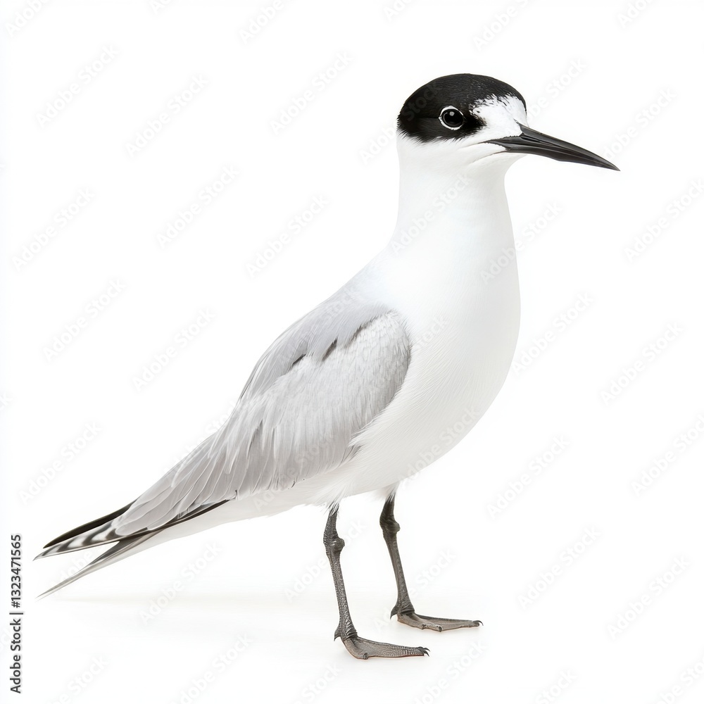 Fototapeta premium A small seabird with black and white head, grey wings and body, and dark beak, standing against a bright white background.
