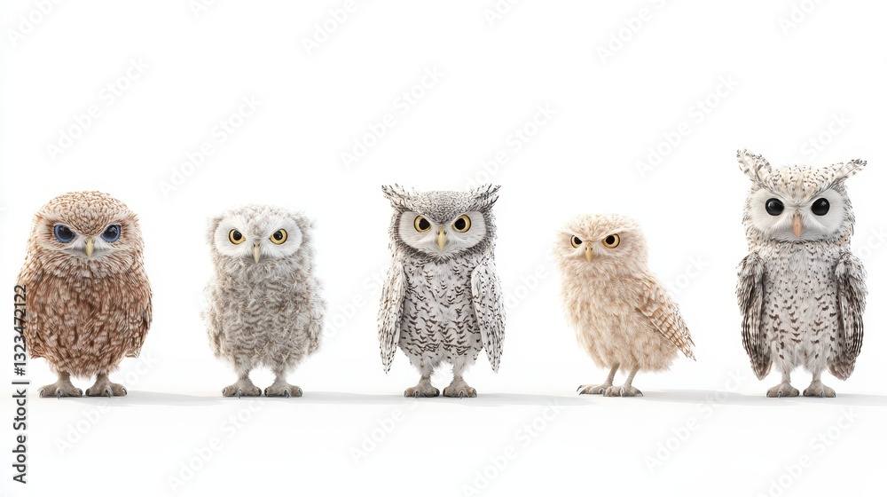 Obraz premium Five Pixel Art Owls in a Row on White Background