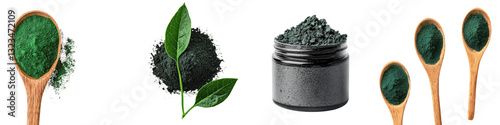Assortment of various superfood powders and fresh herbs in wooden spoons and glass jars for healthy nutrition natural supplements and wellness lifestyle  Ingredients like spirulina chlorella moringa