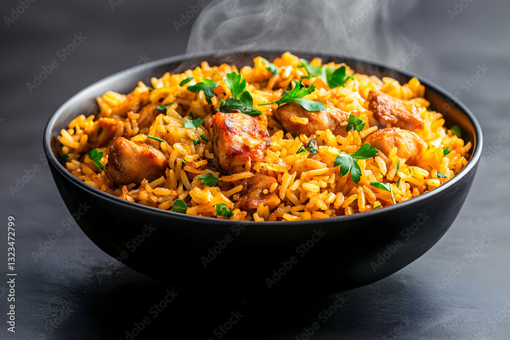 Aromatic chicken and rice dish steaming hot Aromatic chicken and rice dish steaming hot