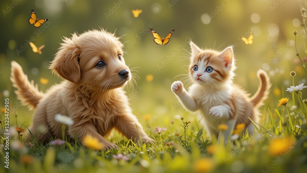 Adorable puppy and kitten playing together in a sunny meadow filled with flowers and butterflies. Adorable puppy and kitten playing together in a sunny meadow filled with flowers and butterflies.
