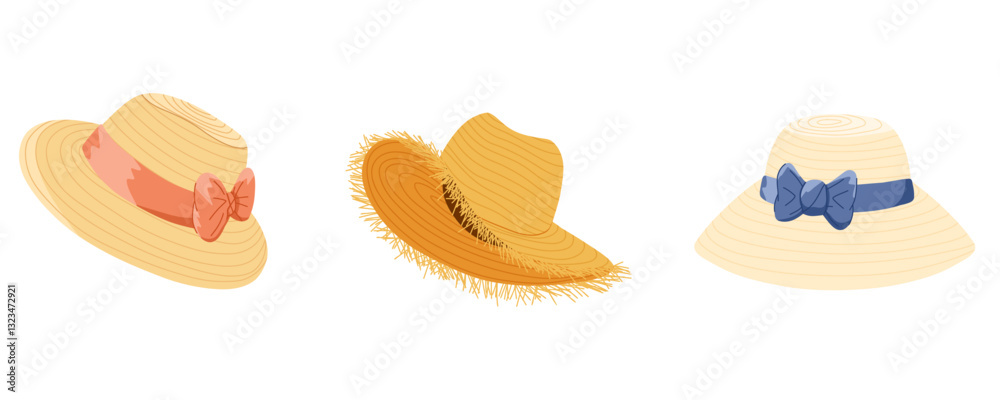 Cartoon straw hats with a bow. Spring, summer vector hand drawn illustration. Vintage headwear for sun protection. Straw head accessories with ribbon isolated on white background Cartoon straw hats with a bow. Spring, summer vector hand drawn illustration. Vintage headwear for sun protection. Straw head accessories with ribbon isolated on white background