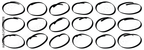 Set of doodle ellipses. Highlight circle frames. Brush strokes oval circle elips elements collection. Ellipses in doodle style. Ink hand drawn paint brush circle. Round scribble doodle note mark. 