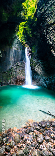 Immersion in the greenery. Kobarid natural waterfalls of Kozjak. Wonder of nature