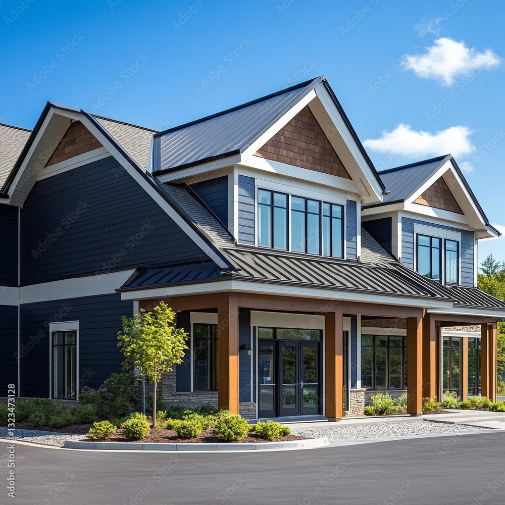 Elegant Building with Dark Blue Siding and Metal Roof on a Bright Sunny Day, Exterior Shot Elegant Building with Dark Blue Siding and Metal Roof on a Bright Sunny Day, Exterior Shot
