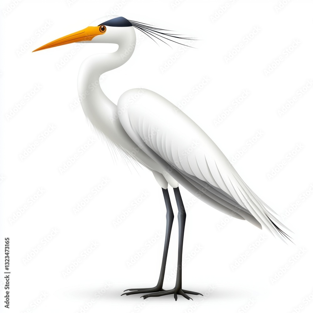 Fototapeta premium White bird with long orange beak and black crest, standing on white background. Detailed illustration of avian wildlife.