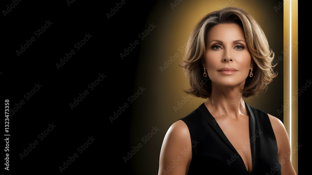 Fototapeta premium Confidence in Her Forties: American Woman with Fair Skin in Studio, 50mm f/2.8, Smooth Skin Stands Out on Black-Gold Gradient