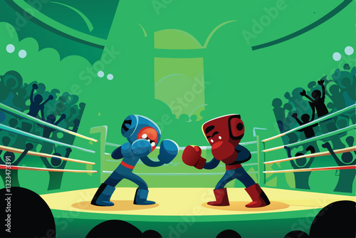 Two comical cartoon boxers facing off in a brightly lit boxing ring, ready to fight.  Illustrative, vibrant colors.