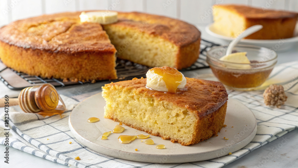 a freshly baked cornbread with butter and honey, perfect for breakfast or snack
