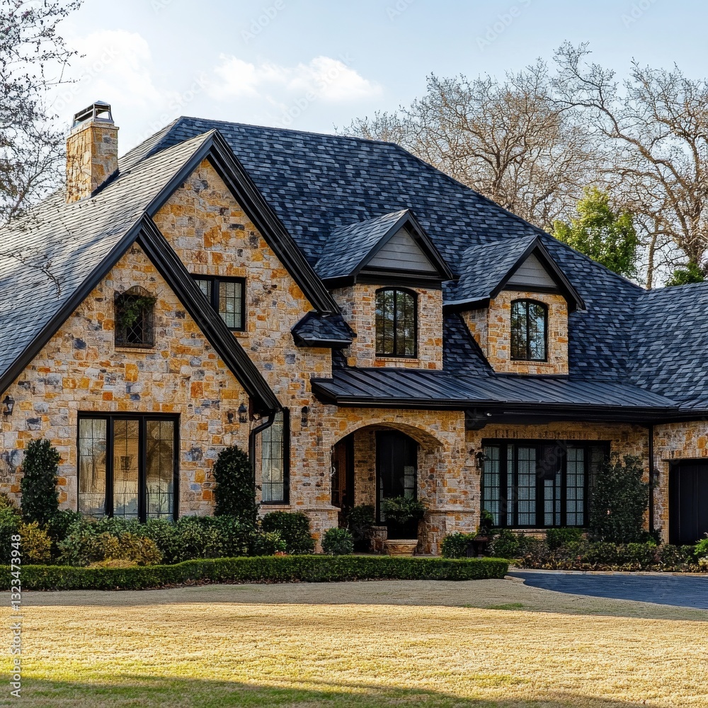 Elegant Stone Residence with Dark Trim and Manicured Lawn Under a Sunny Sky Elegant Stone Residence with Dark Trim and Manicured Lawn Under a Sunny Sky