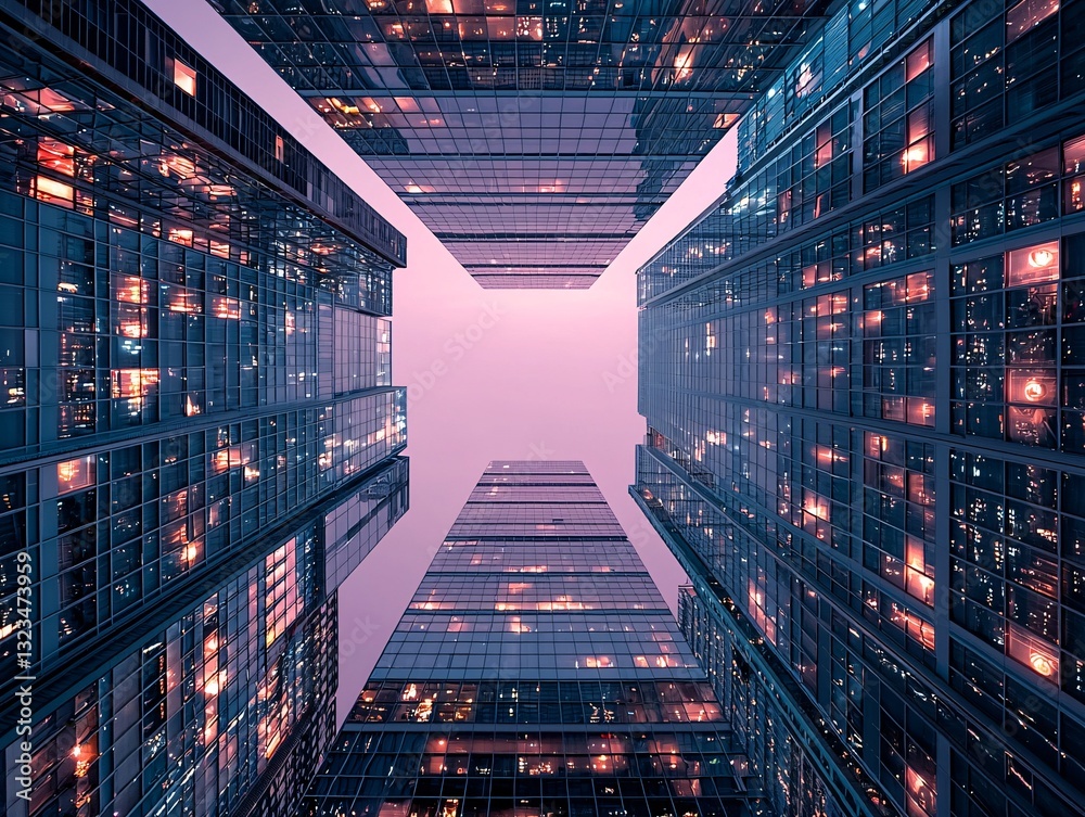 Naklejka premium Glass skyscraper reflecting vibrant neon lights, abstract patterns forming on the surface, artistic and futuristic cityscape, deep blues and purples contrasted with glowing reds and yellows,