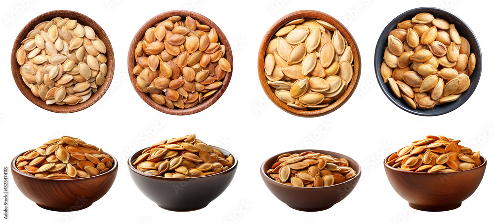 Assorted pumpkin seeds in bowls, showcasing various textures and colors. Assorted pumpkin seeds in bowls, showcasing various textures and colors.