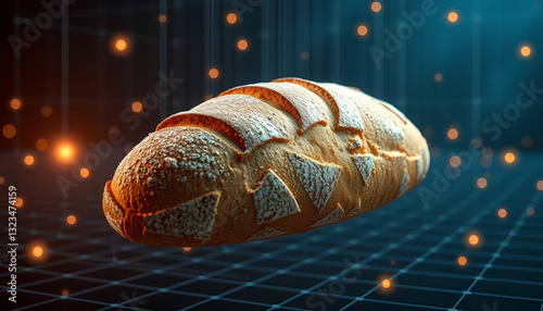 Hyper-realistic loaf of sourdough bread, floating in mid-air, surrounded by digital grid lines and glowing wireframe elements 2