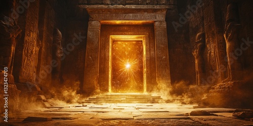 Golden portal emitting bright light inside egyptian temple with statues